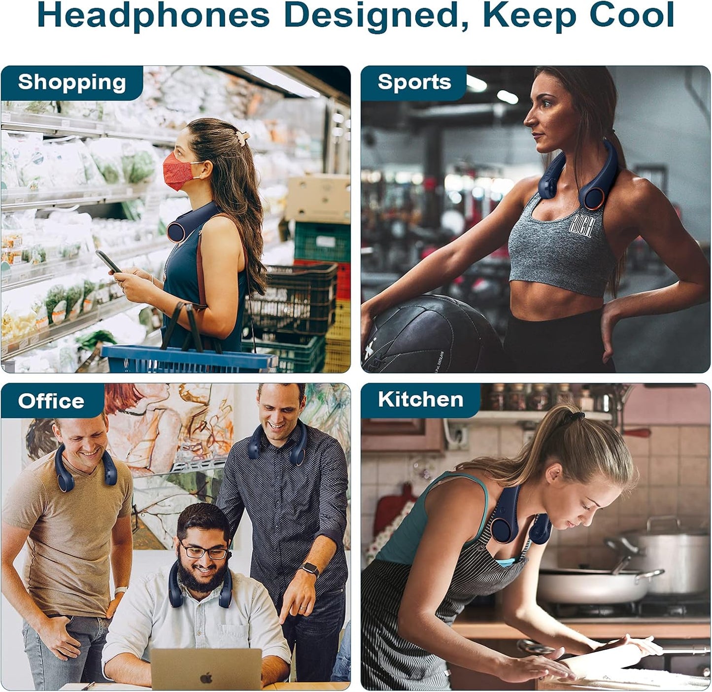 Neck Fan: Portable Personal Neck Cooling Rechargeable Bladeless Fan - Hands Free 3 Speed 4000 Mah Battery USB Operated Wearable Headphone Design - Gift for Men Women Outdoor (Dark Blue)