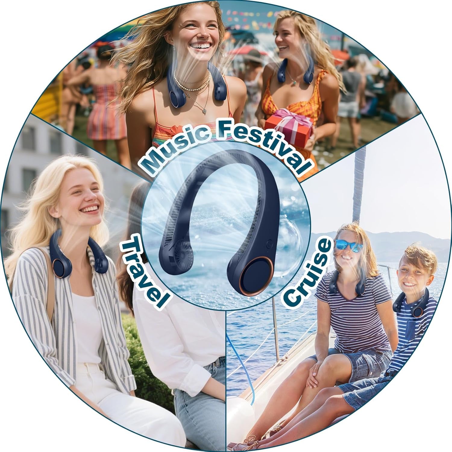 Neck Fan: Portable Personal Neck Cooling Rechargeable Bladeless Fan - Hands Free 3 Speed 4000 Mah Battery USB Operated Wearable Headphone Design - Gift for Men Women Outdoor (Dark Blue)