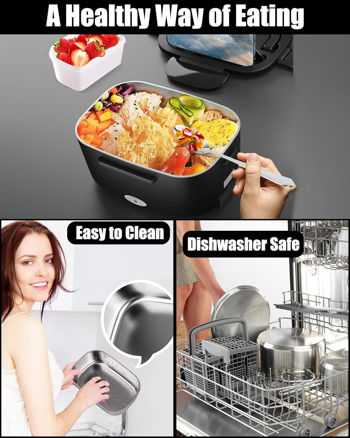Electric Heated Lunch Box, 80W Fast Heating with Dual 1.5L Food-Grade 304 Stainless Steel, 12V/24V/110V Portable Food Warmer for Car Truck Office Adults, Lonchera Electrica Portatil (Black)