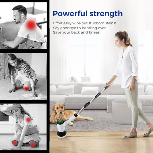 Electric Spin Scrubber, Cordless Power Cleaning Brush with 8 Replaceable Heads, 2 Adjustable Speeds, LED Display & Long Handle, Ideal for Bathroom Tub Tile Floor Car Cleaning