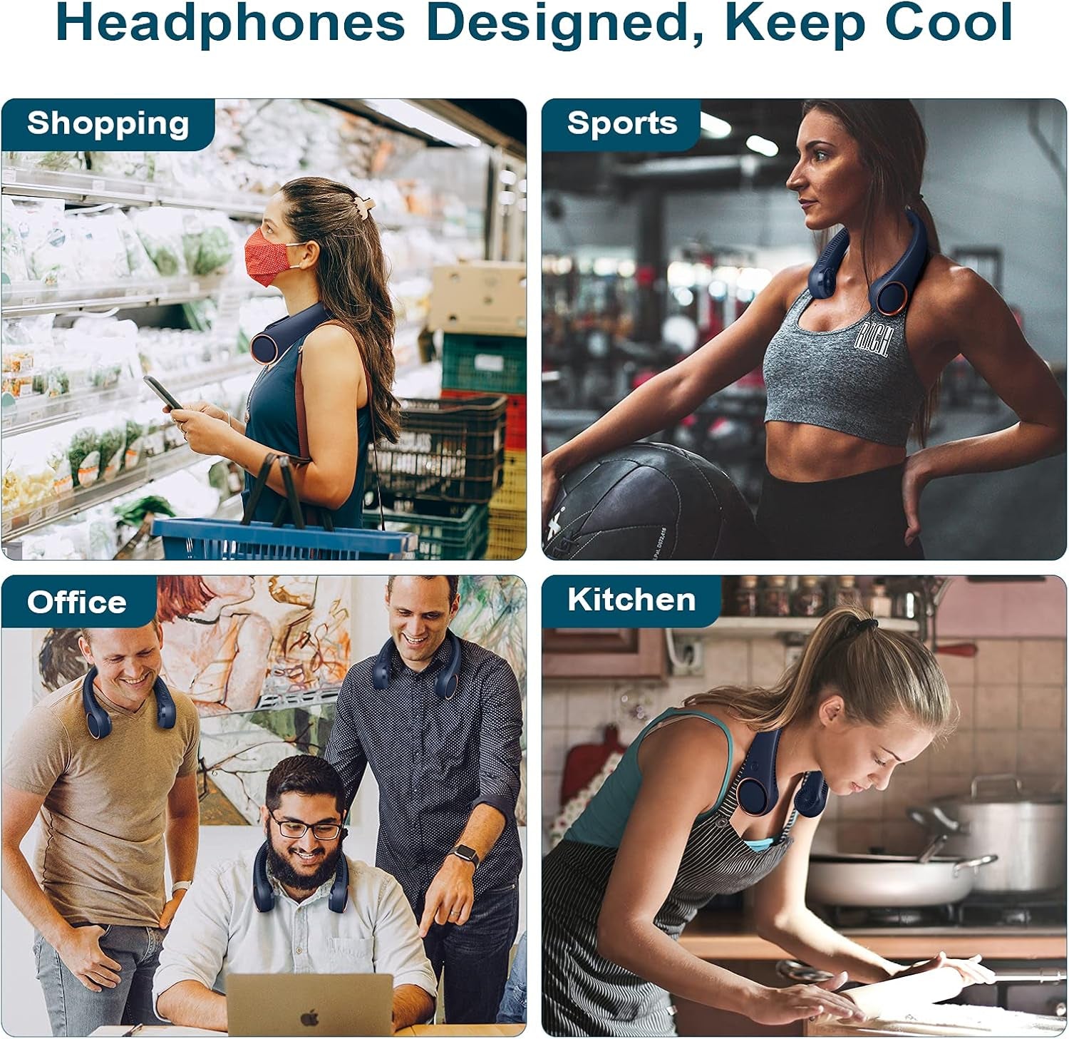 Neck Fan: Portable Personal Neck Cooling Rechargeable Bladeless Fan - Hands Free 3 Speed 4000 Mah Battery USB Operated Wearable Headphone Design - Gift for Men Women Outdoor (Dark Blue)