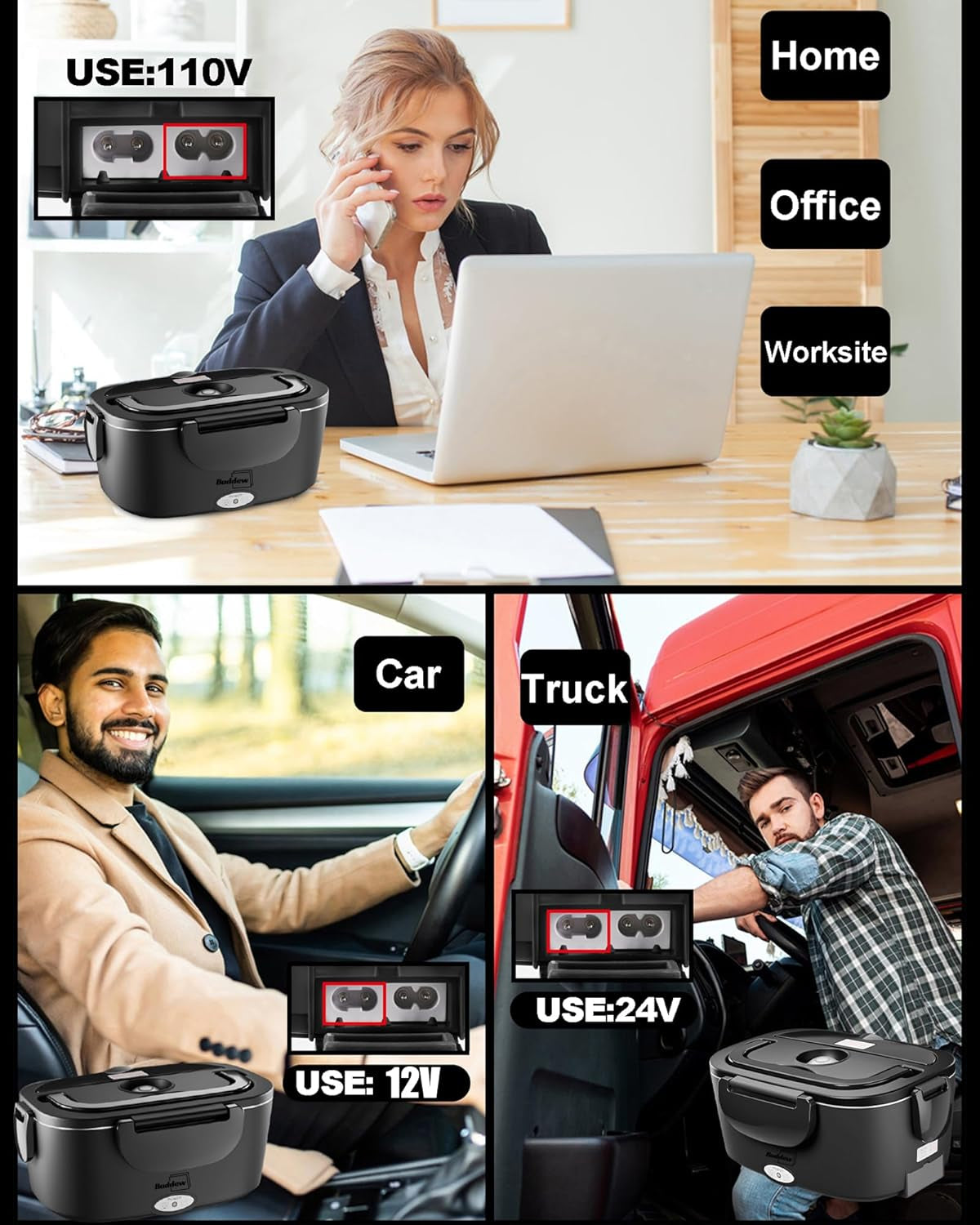 Electric Heated Lunch Box, 80W Fast Heating with Dual 1.5L Food-Grade 304 Stainless Steel, 12V/24V/110V Portable Food Warmer for Car Truck Office Adults, Lonchera Electrica Portatil (Black)
