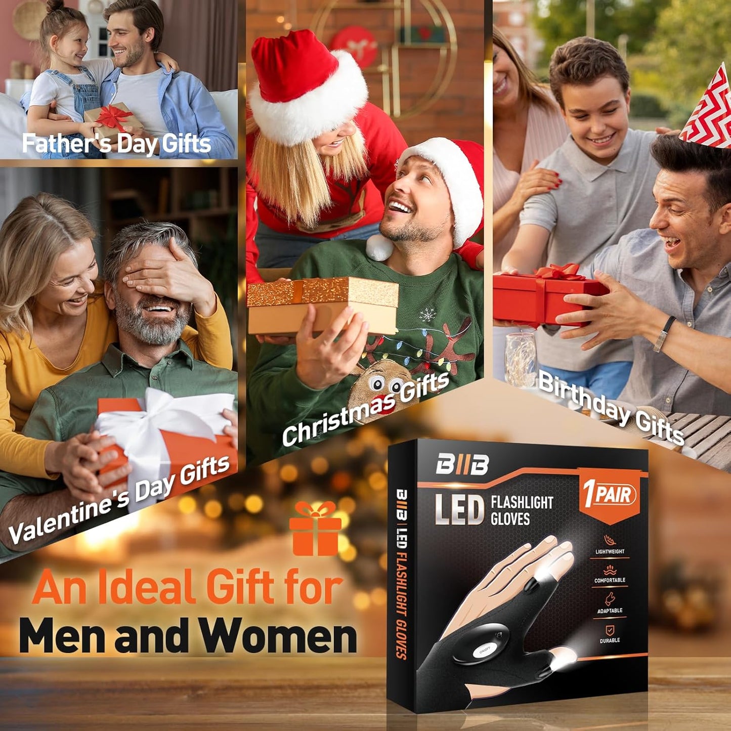 Fathers Day Dad Gifts from Daughter Son Wife, LED Flashlight Gloves Gifts for Men, Mens Gift for Him Grandpa Husband, Fathers Day Gift for Husband Dad, Tools Cool Gadgets, Camping Essentials