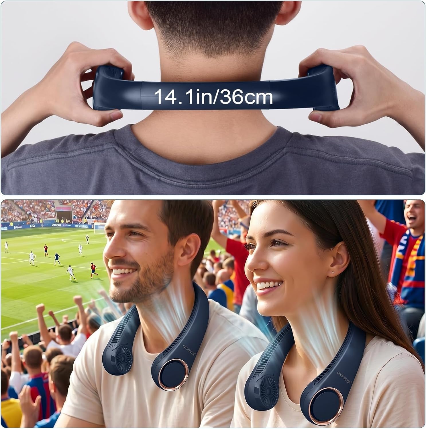 Neck Fan: Portable Personal Neck Cooling Rechargeable Bladeless Fan - Hands Free 3 Speed 4000 Mah Battery USB Operated Wearable Headphone Design - Gift for Men Women Outdoor (Dark Blue)