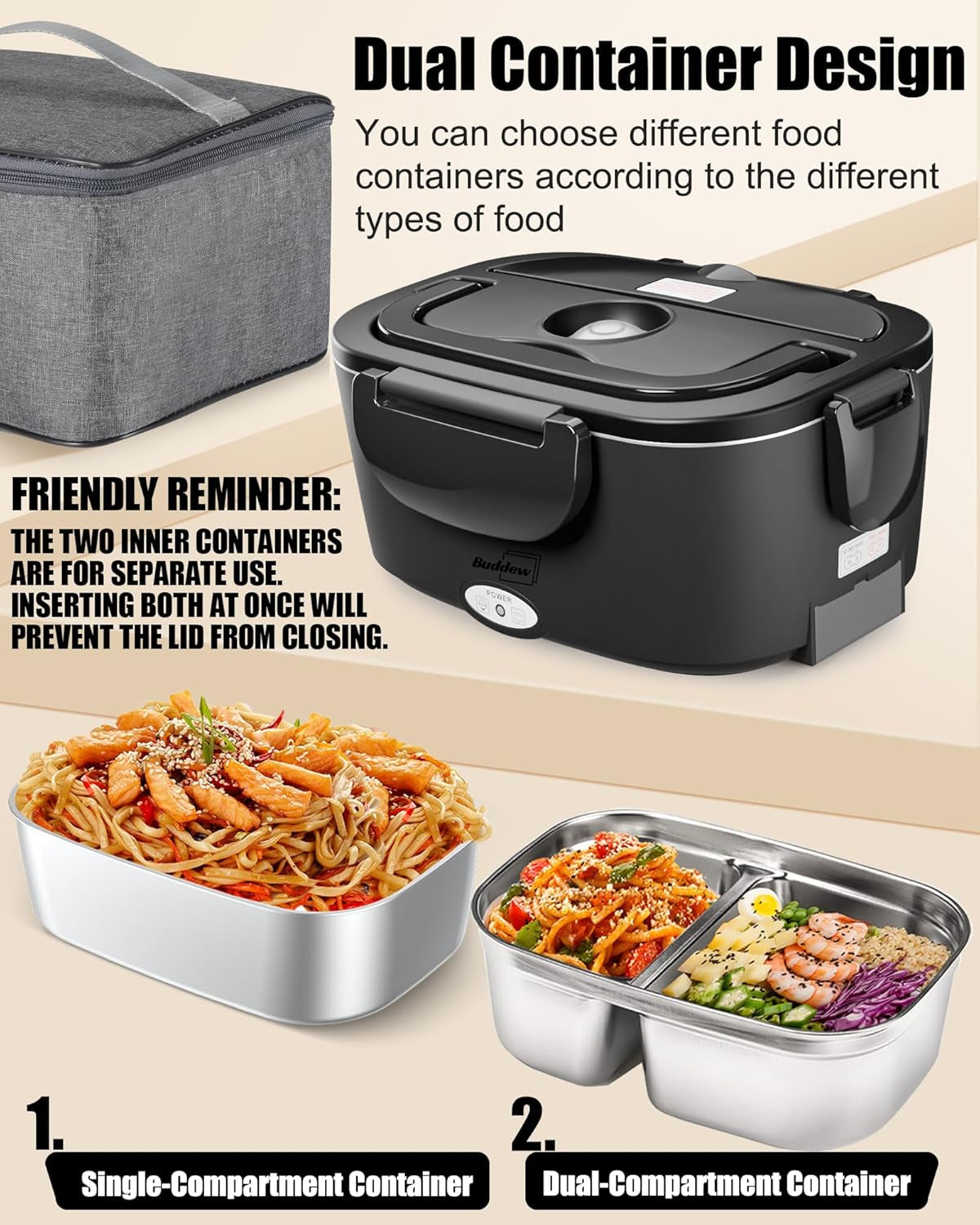 Electric Heated Lunch Box, 80W Fast Heating with Dual 1.5L Food-Grade 304 Stainless Steel, 12V/24V/110V Portable Food Warmer for Car Truck Office Adults, Lonchera Electrica Portatil (Black)