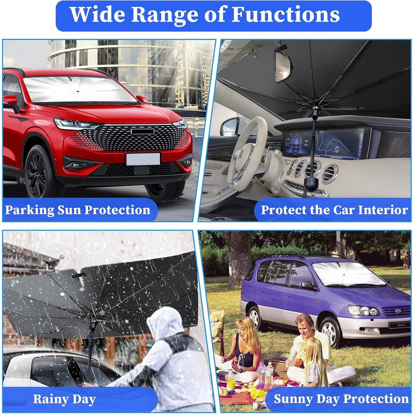 Car Windshield Sun Shade Umbrella, Upgraded Car Window Sunshade, Foldable Car Sun Shade for Windshield, Car Umbrella Sunshade Cover with 10 Fiberglass Ribs, UV Block & Heat Protection (57"X34")