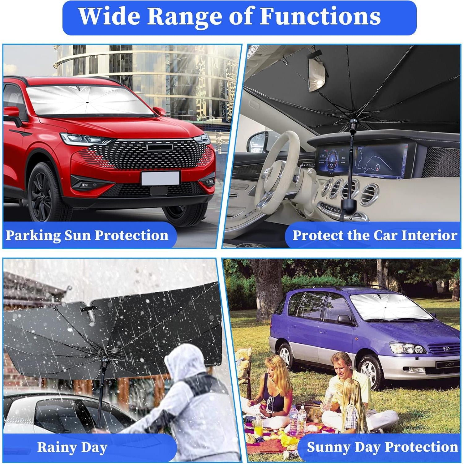 Car Windshield Sun Shade Umbrella, Upgraded Car Window Sunshade, Foldable Car Sun Shade for Windshield, Car Umbrella Sunshade Cover with 10 Fiberglass Ribs, UV Block & Heat Protection (57"X34")
