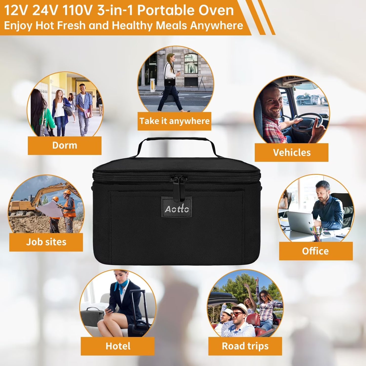 Portable Oven, 12V, 24V, 110V Portable Food Warmer, Mini Personal Microwave Heated Lunch Box for Work Reheating and Cooking Meals in Truck, Vehicle, Travel, Camping, Picnic, Black