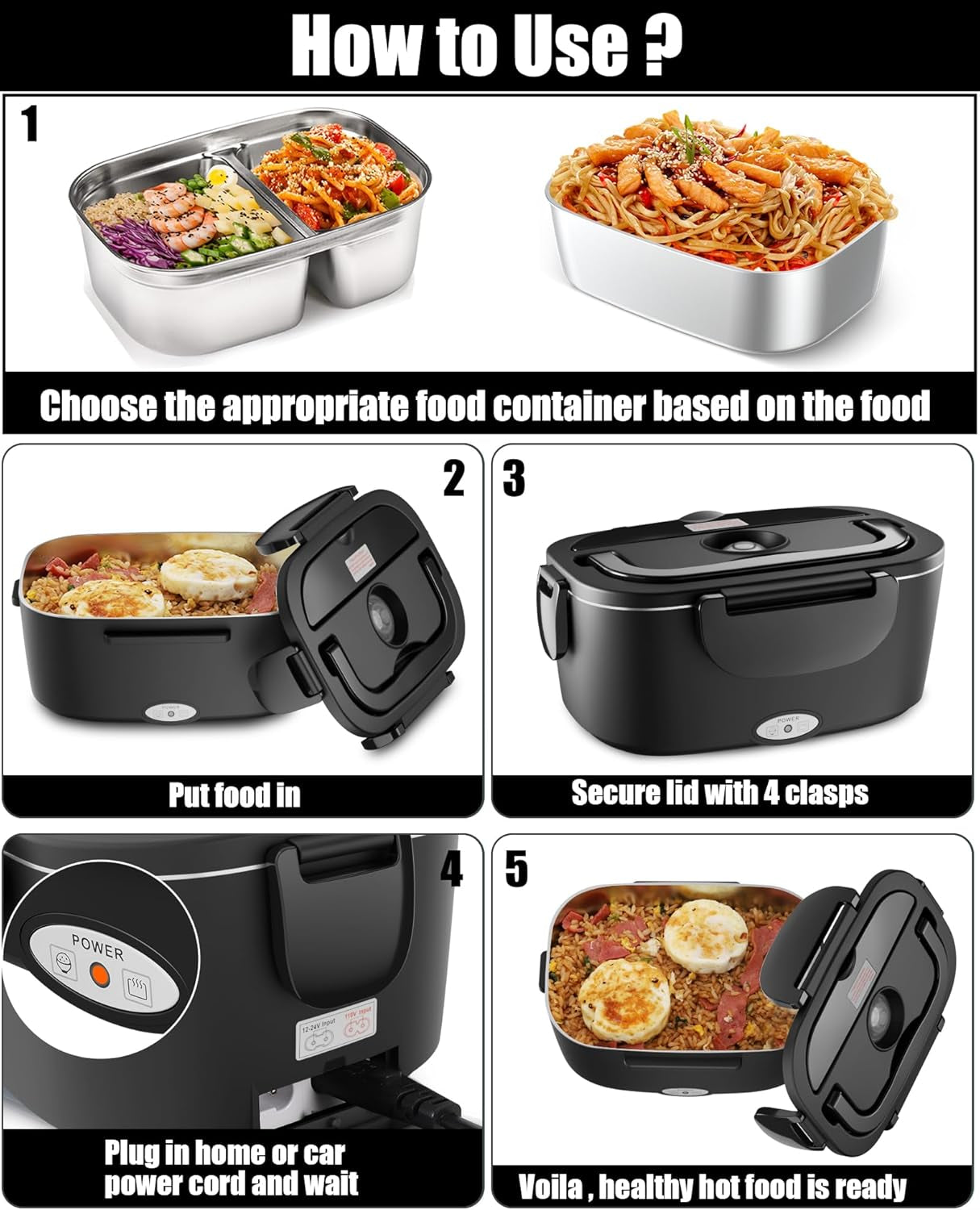 Electric Heated Lunch Box, 80W Fast Heating with Dual 1.5L Food-Grade 304 Stainless Steel, 12V/24V/110V Portable Food Warmer for Car Truck Office Adults, Lonchera Electrica Portatil (Black)