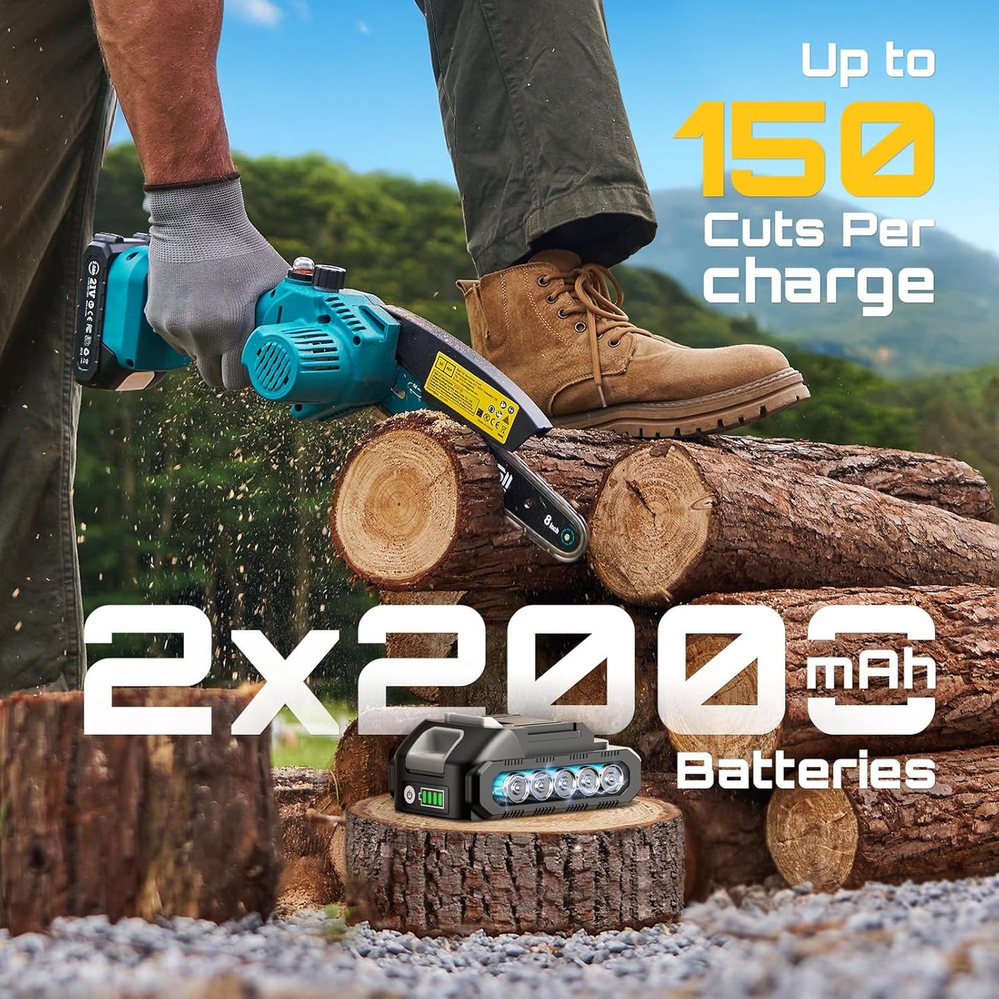 Mini Chainsaw 8 Inch,Cordless Chainsaw W/ 2Pcs 2000Mah Batteries,Oiler System & Replacement Chain,Handheld Chain Saw W/Safety Lock,Battery Powered Chain Saw for Wood Tree Cutting,Ch820+