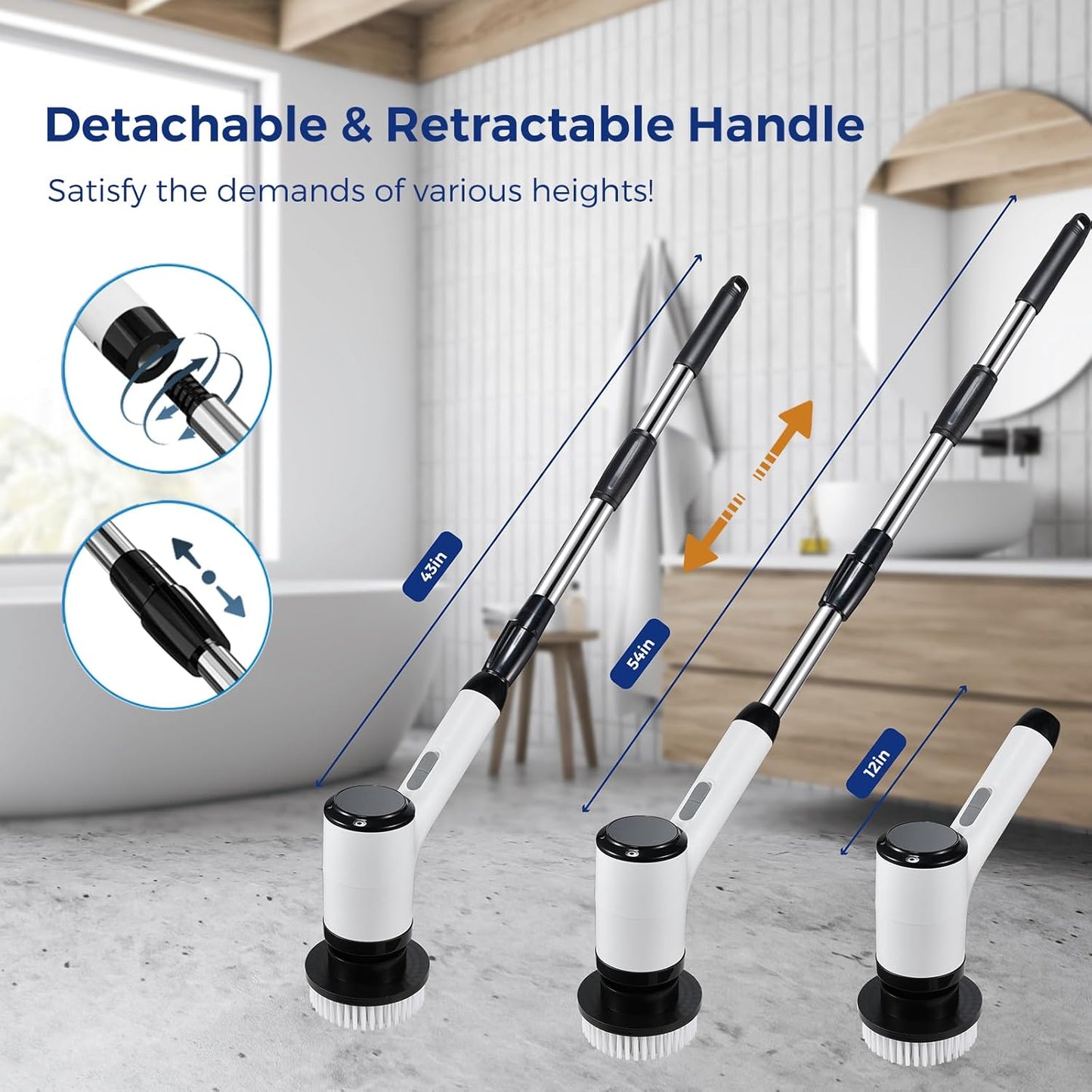 Electric Spin Scrubber, Cordless Power Cleaning Brush with 8 Replaceable Heads, 2 Adjustable Speeds, LED Display & Long Handle, Ideal for Bathroom Tub Tile Floor Car Cleaning