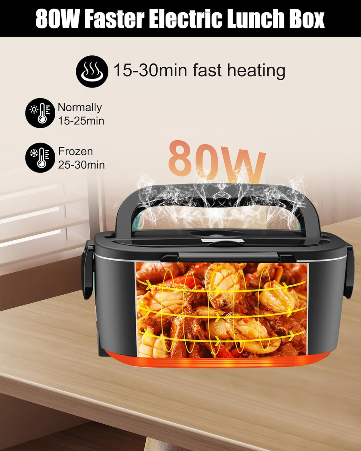 Electric Heated Lunch Box, 80W Fast Heating with Dual 1.5L Food-Grade 304 Stainless Steel, 12V/24V/110V Portable Food Warmer for Car Truck Office Adults, Lonchera Electrica Portatil (Black)