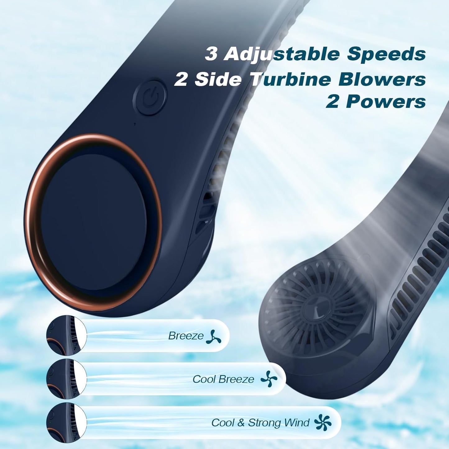 Neck Fan: Portable Personal Neck Cooling Rechargeable Bladeless Fan - Hands Free 3 Speed 4000 Mah Battery USB Operated Wearable Headphone Design - Gift for Men Women Outdoor (Dark Blue)