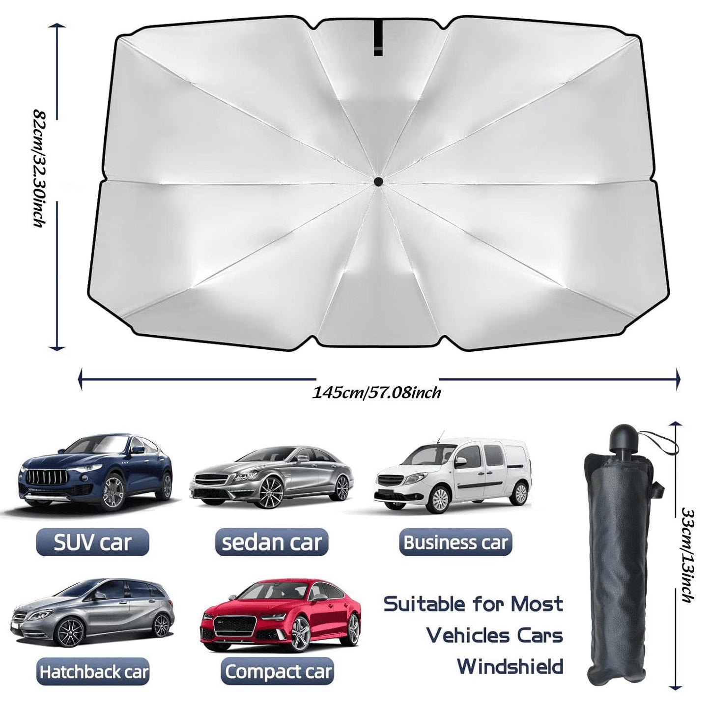 Car Windshield Sun Shade Umbrella, Upgraded Car Window Sunshade, Foldable Car Sun Shade for Windshield, Car Umbrella Sunshade Cover with 10 Fiberglass Ribs, UV Block & Heat Protection (57"X34")