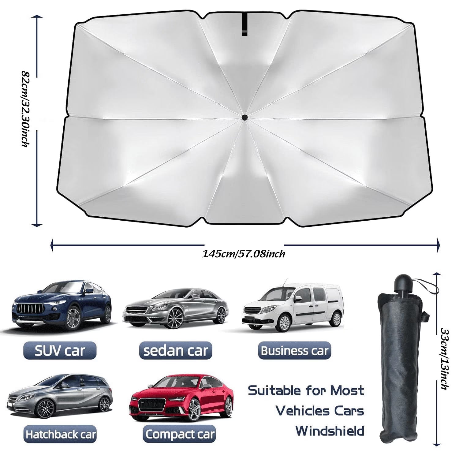 Car Windshield Sun Shade Umbrella, Upgraded Car Window Sunshade, Foldable Car Sun Shade for Windshield, Car Umbrella Sunshade Cover with 10 Fiberglass Ribs, UV Block & Heat Protection (57"X34")