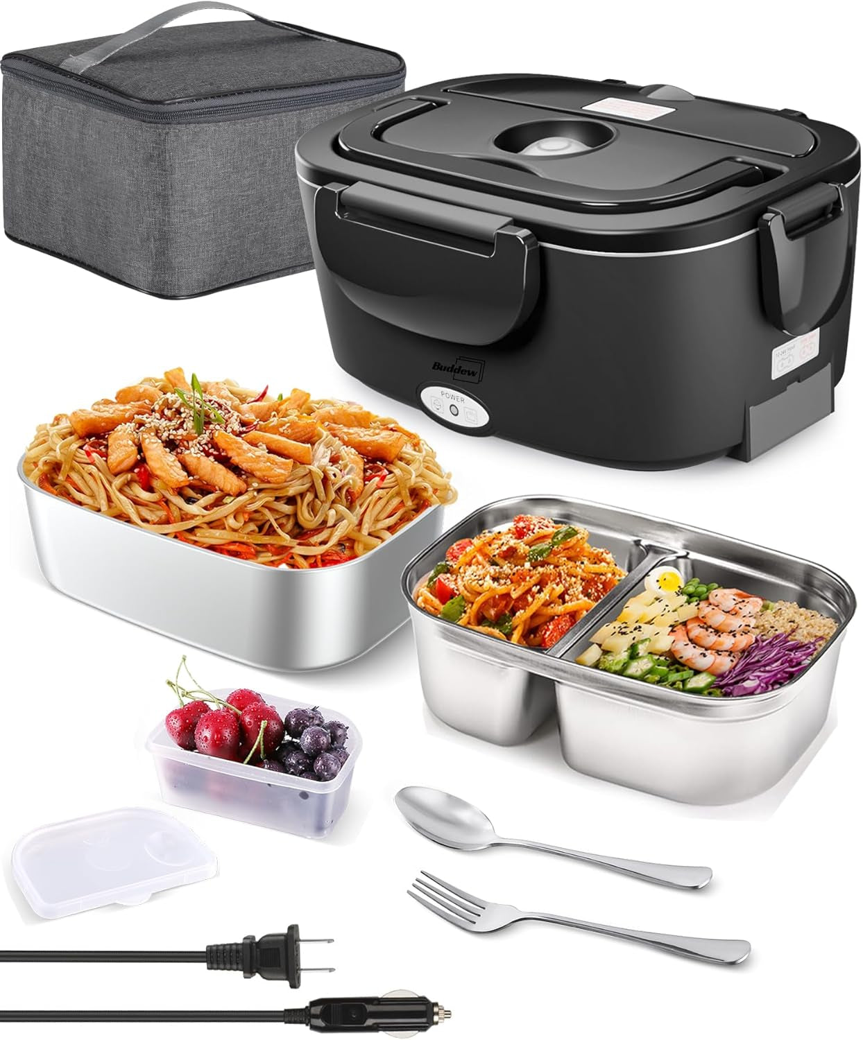Electric Heated Lunch Box, 80W Fast Heating with Dual 1.5L Food-Grade 304 Stainless Steel, 12V/24V/110V Portable Food Warmer for Car Truck Office Adults, Lonchera Electrica Portatil (Black)