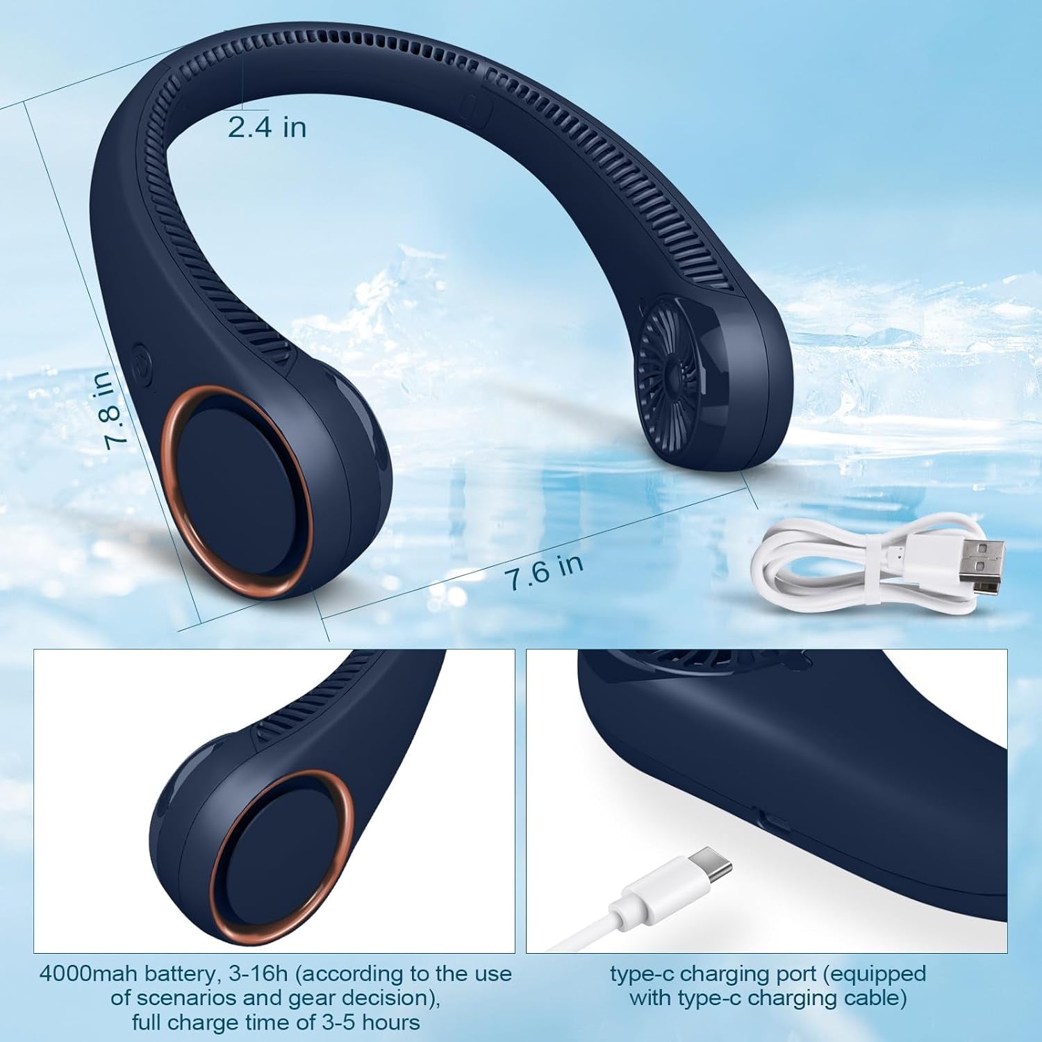 Neck Fan: Portable Personal Neck Cooling Rechargeable Bladeless Fan - Hands Free 3 Speed 4000 Mah Battery USB Operated Wearable Headphone Design - Gift for Men Women Outdoor (Dark Blue)