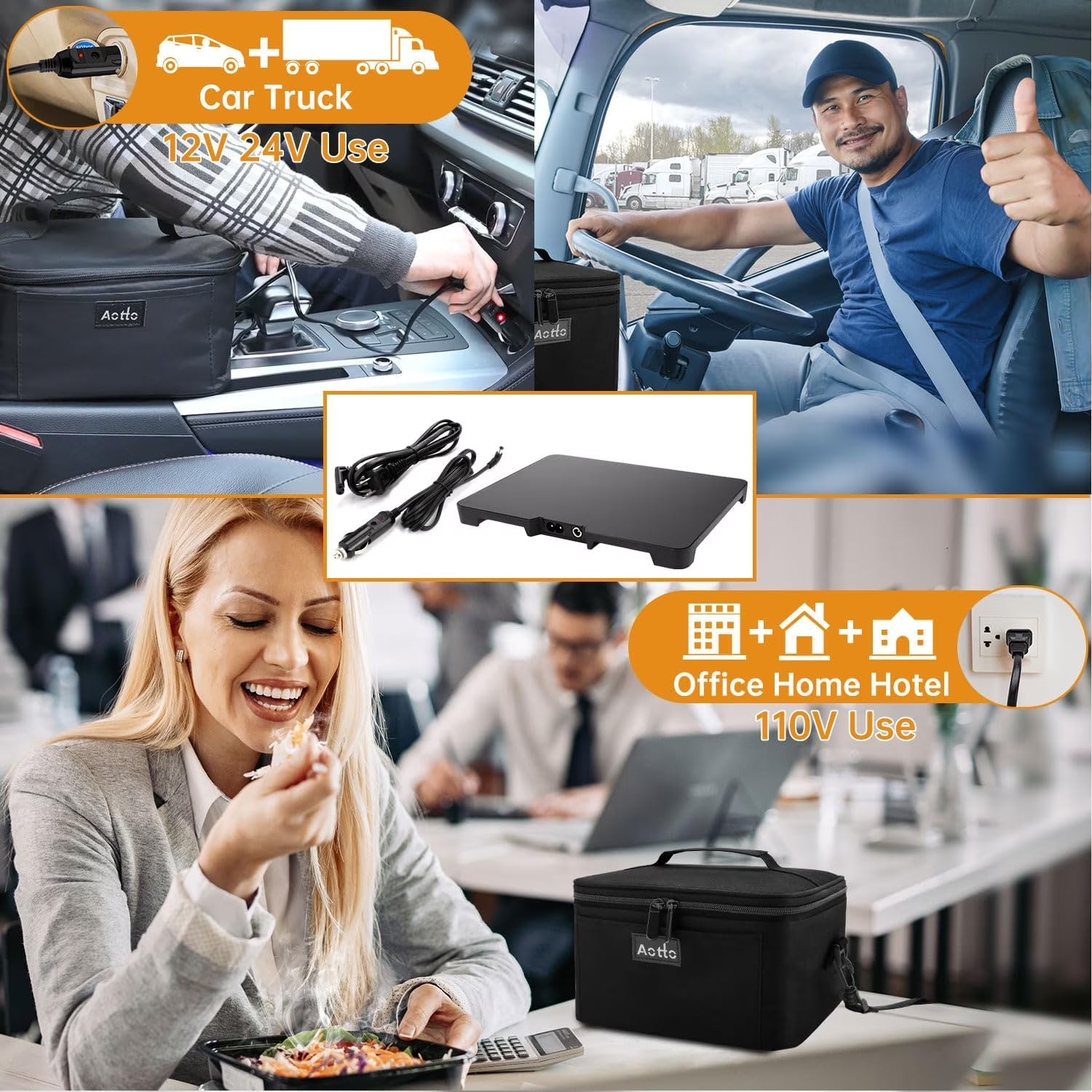 Portable Oven, 12V, 24V, 110V Portable Food Warmer, Mini Personal Microwave Heated Lunch Box for Work Reheating and Cooking Meals in Truck, Vehicle, Travel, Camping, Picnic, Black