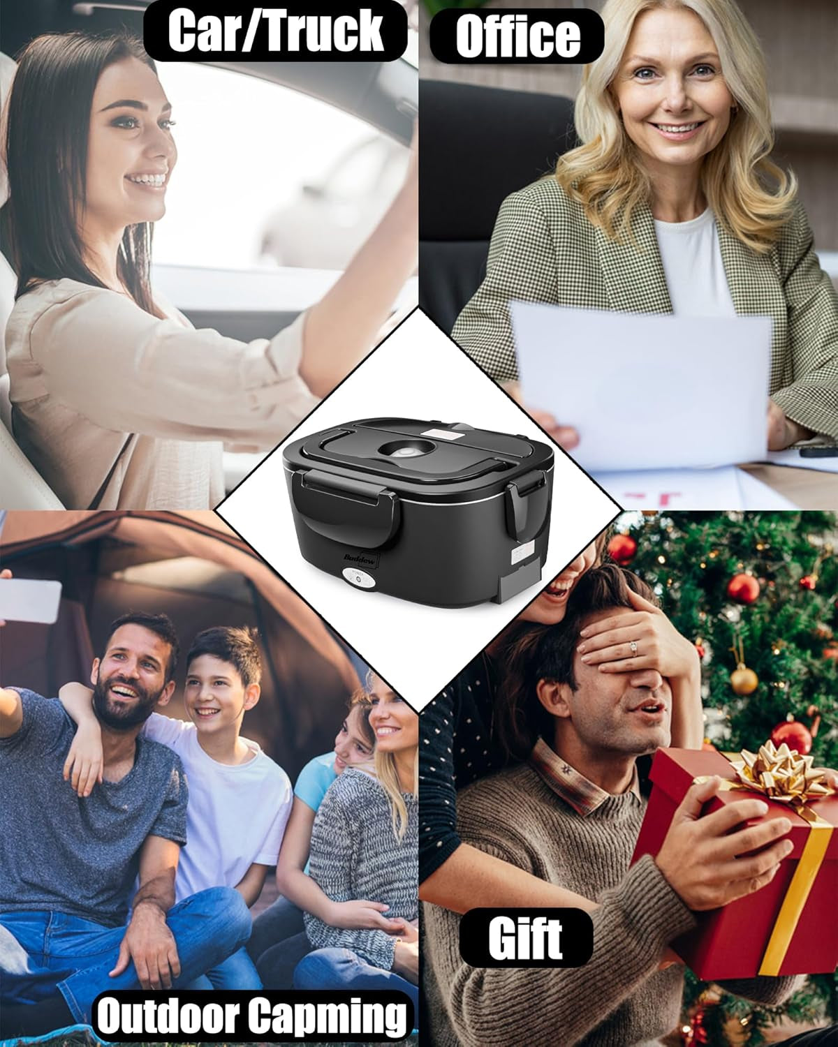 Electric Heated Lunch Box, 80W Fast Heating with Dual 1.5L Food-Grade 304 Stainless Steel, 12V/24V/110V Portable Food Warmer for Car Truck Office Adults, Lonchera Electrica Portatil (Black)