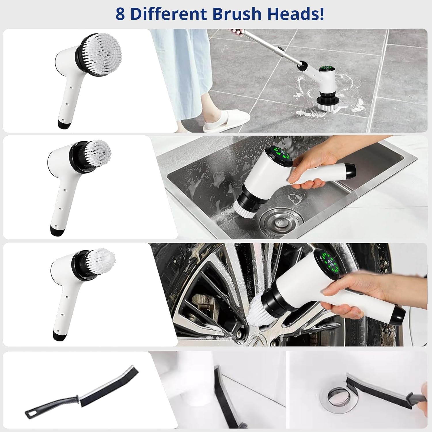 Electric Spin Scrubber, Cordless Power Cleaning Brush with 8 Replaceable Heads, 2 Adjustable Speeds, LED Display & Long Handle, Ideal for Bathroom Tub Tile Floor Car Cleaning