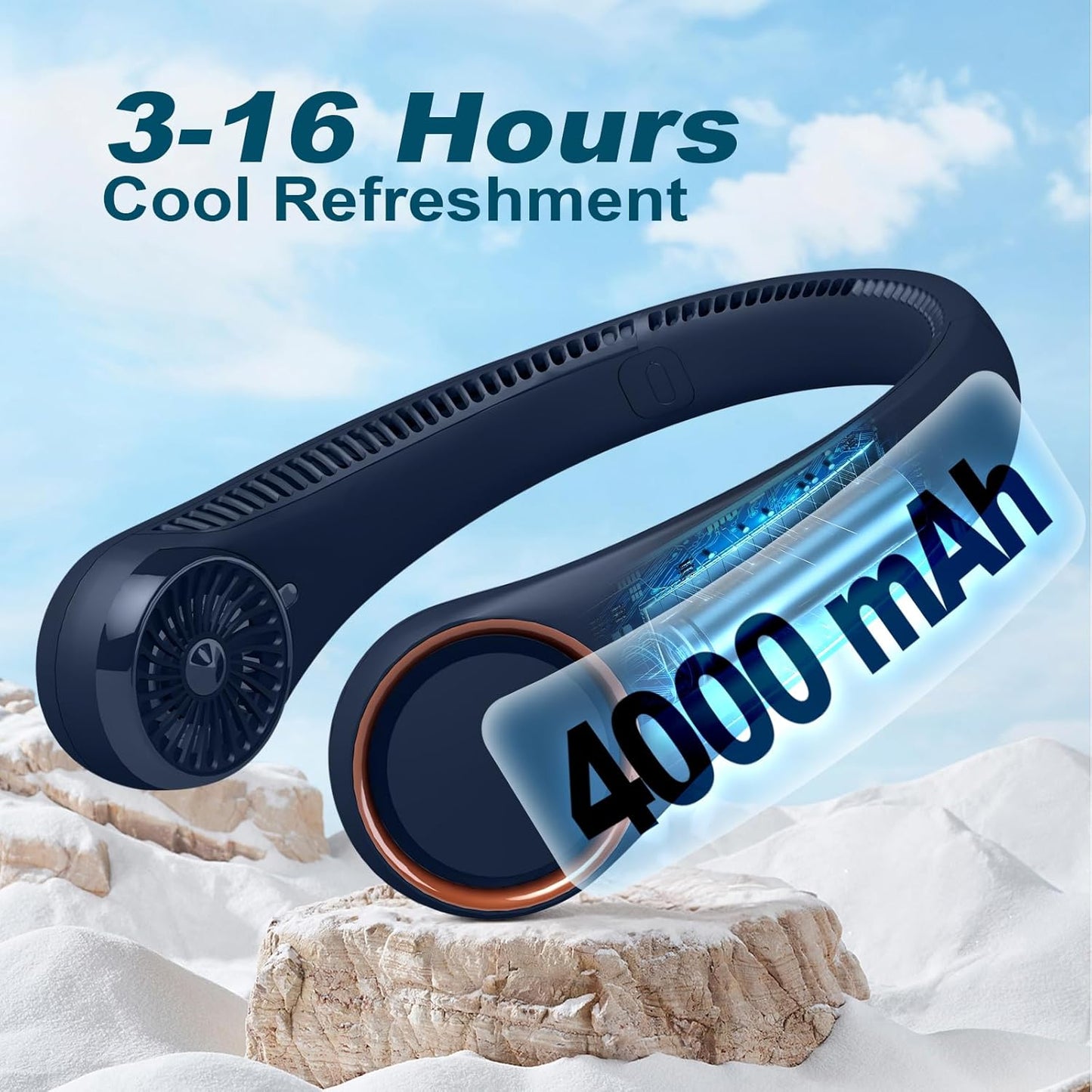 Neck Fan: Portable Personal Neck Cooling Rechargeable Bladeless Fan - Hands Free 3 Speed 4000 Mah Battery USB Operated Wearable Headphone Design - Gift for Men Women Outdoor (Dark Blue)