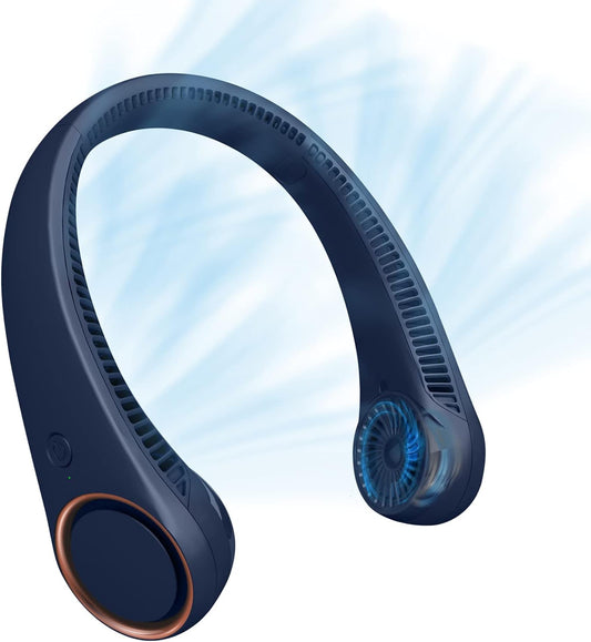 Neck Fan: Portable Personal Neck Cooling Rechargeable Bladeless Fan - Hands Free 3 Speed 4000 Mah Battery USB Operated Wearable Headphone Design - Gift for Men Women Outdoor (Dark Blue)