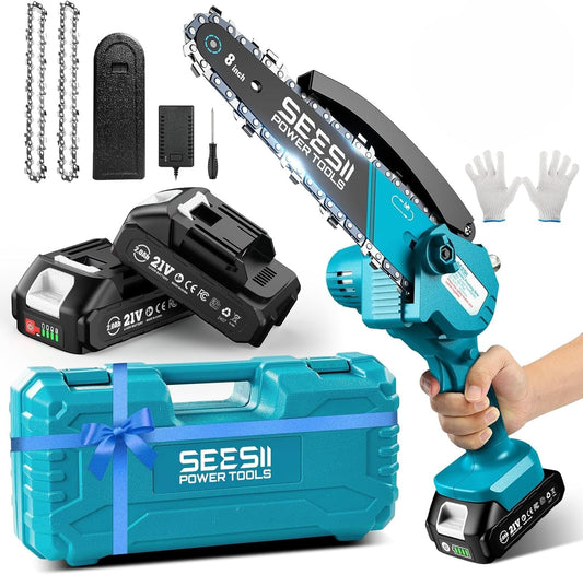 Mini Chainsaw 8 Inch,Cordless Chainsaw W/ 2Pcs 2000Mah Batteries,Oiler System & Replacement Chain,Handheld Chain Saw W/Safety Lock,Battery Powered Chain Saw for Wood Tree Cutting,Ch820+